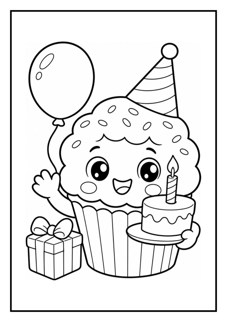Leuke kleurplaat van een feestelijke cupcake met een gezicht, verjaardagsmuts, ballon, cadeau en een taart met een kaars