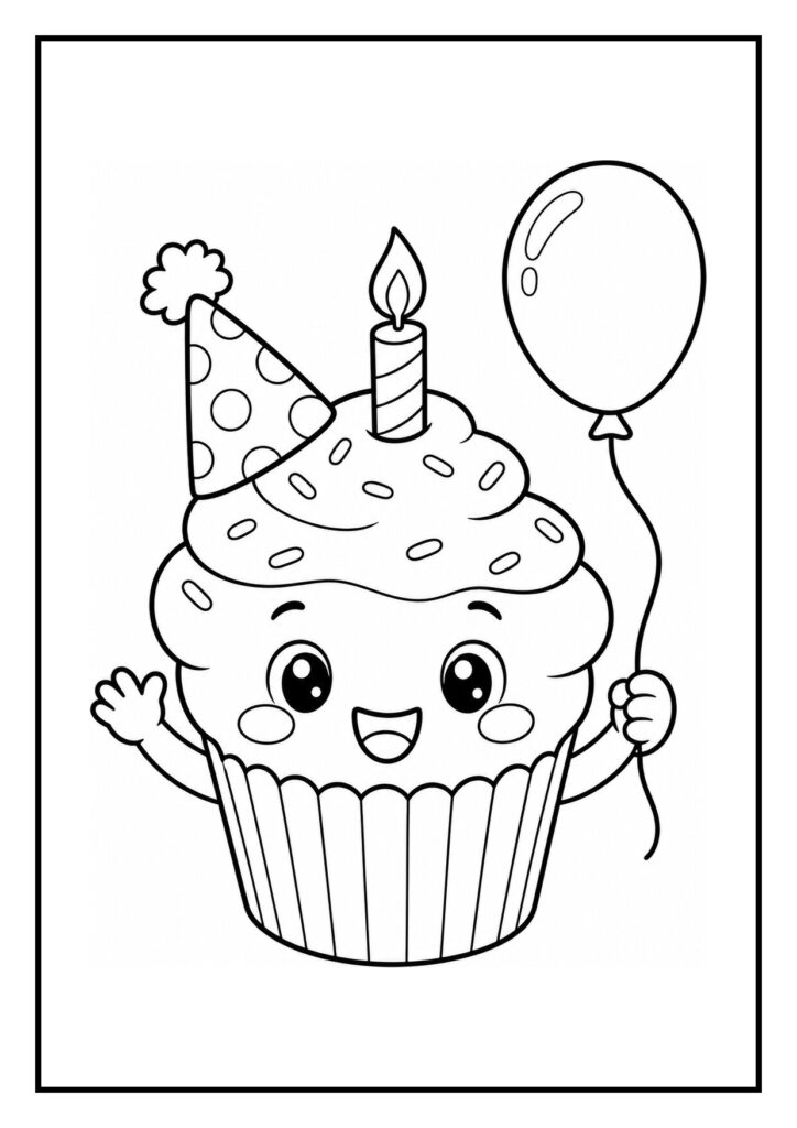 Kleurplaat van een vrolijke cupcake met een verjaardagsmuts, een kaars en kleurrijke feestelijke vlaggetjes