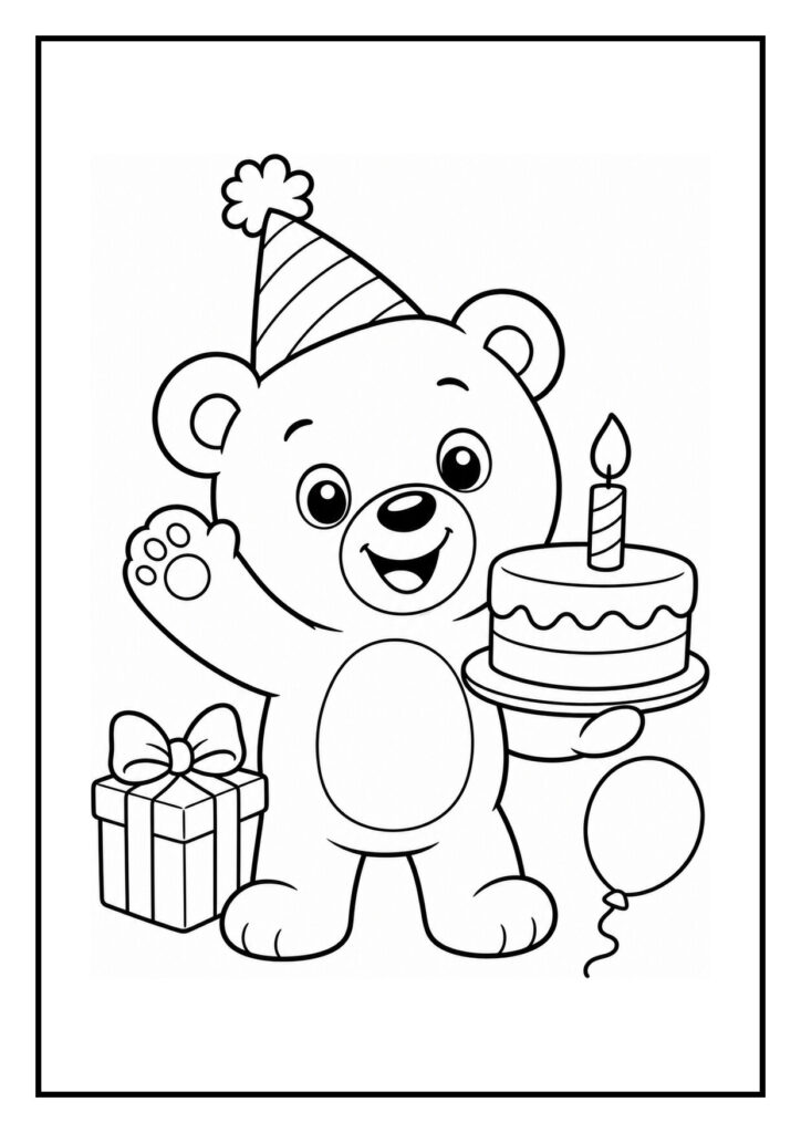 Schattige beer met feestmuts blaast een kaarsje uit op een verjaardagstaart, met cadeau en ballon op de achtergrond, vrolijke kleurplaat voor kinderen