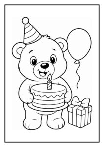 Kleurplaat van een feestelijke beer met een verjaardagstaart, feesthoedje, ballon en cadeau