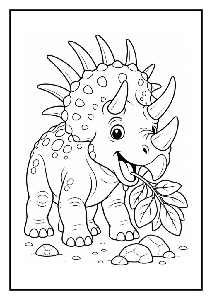 Leuke kleurplaat van een vrolijke Triceratops die bladeren weg blaast