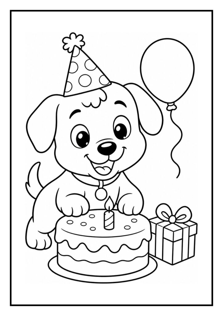 Vrolijke puppy met feesthoedje trekt slinger omhoog naast verjaardagstaart met kaarsje, ballon en cadeau