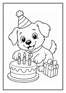 Kleurplaat van een vrolijke hond met feesthoedje die een taart met kaarsjes aansnijdt, naast een cadeautje op een verjaardagsfeest.