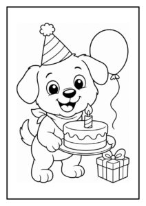 Kleurplaat van een schattige hond met een feesthoedje die een verjaardagstaart vasthoudt, met een ballon en een cadeau naast zich.
