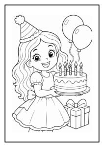 Kleurplaat van een meisje met een feestmuts dat een verjaardagstaart met vijf kaarsjes vasthoudt, omringd door ballonnen en een cadeau.