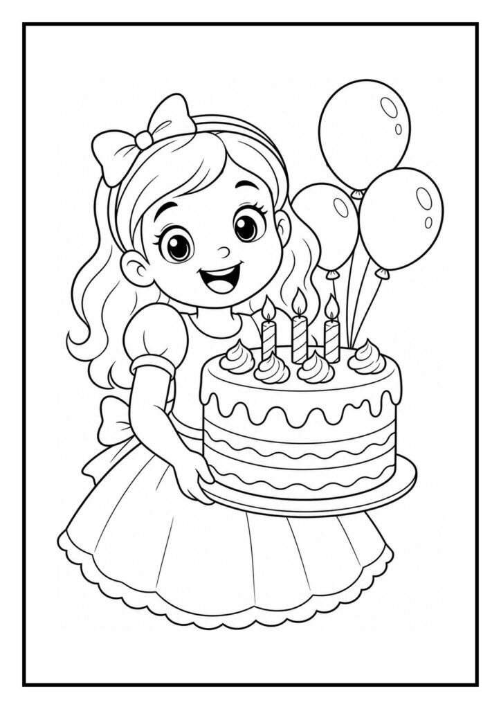 Leuke kleurplaat van een meisje met een verjaardagstaart en cadeaus op wielen, omringd door ballonnen voor een feestelijke gelegenheid