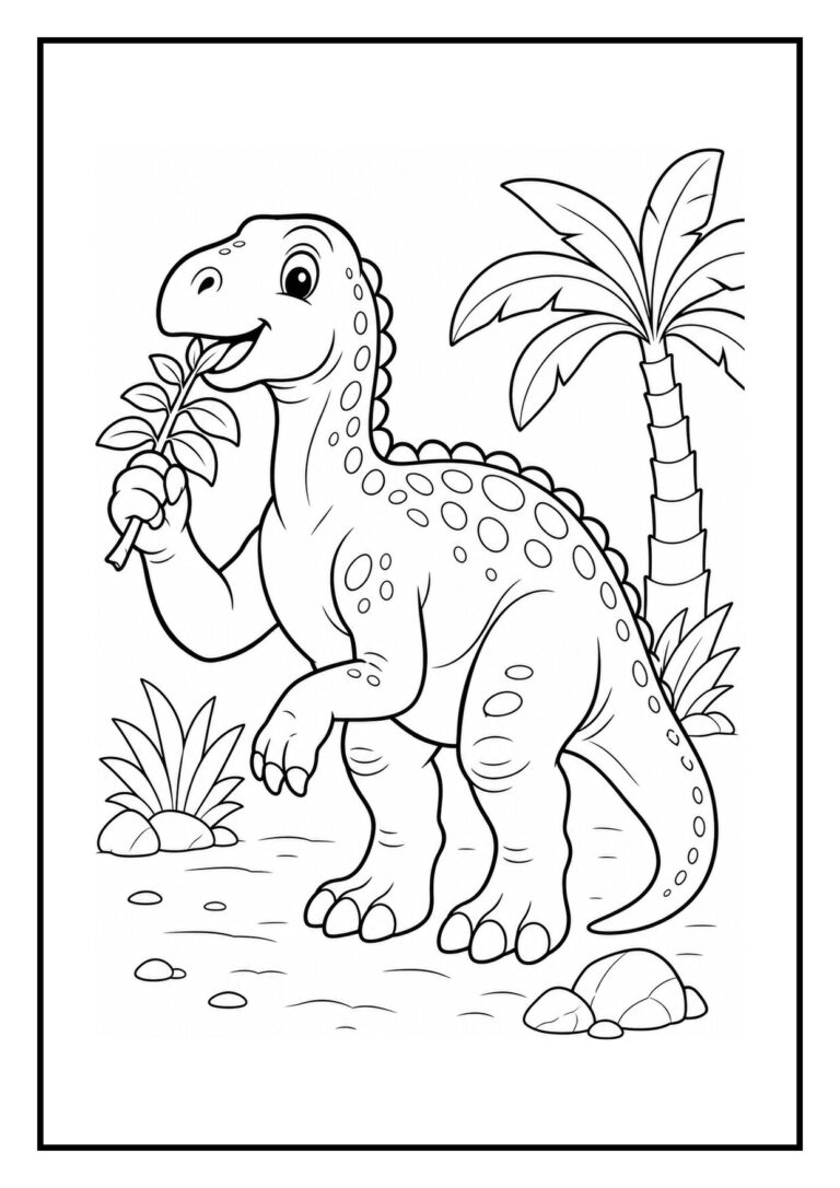 Vrolijke iguanodon dinosaurus die varens plukt met zijn duimstekel in een jungle setting