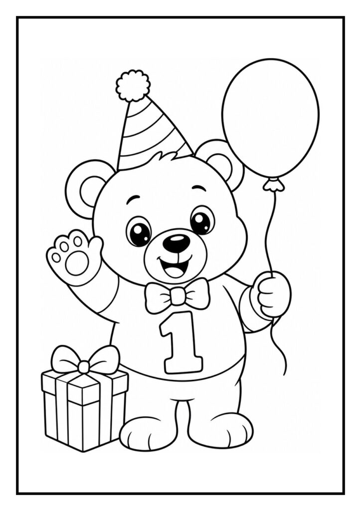 Kleurplaat van een vrolijke beer met een feestmuts, ballon en cadeau, geschikt voor jonge kinderen.
