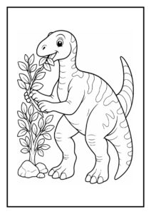Kleurplaat van een iguanodon die een tak opzij duwt op een bosrijk pad met vrolijke uitstraling.