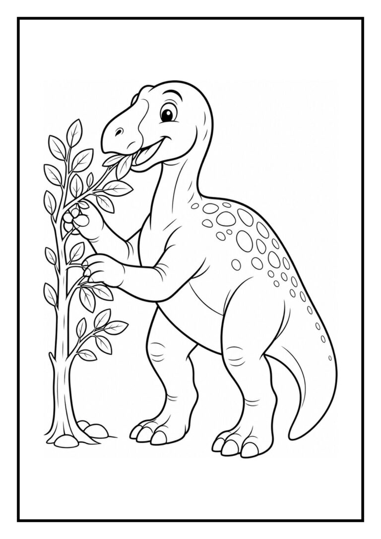 Kleurplaat van een vrolijke Iguanodon die aan de rivier water drinkt tussen bomen.