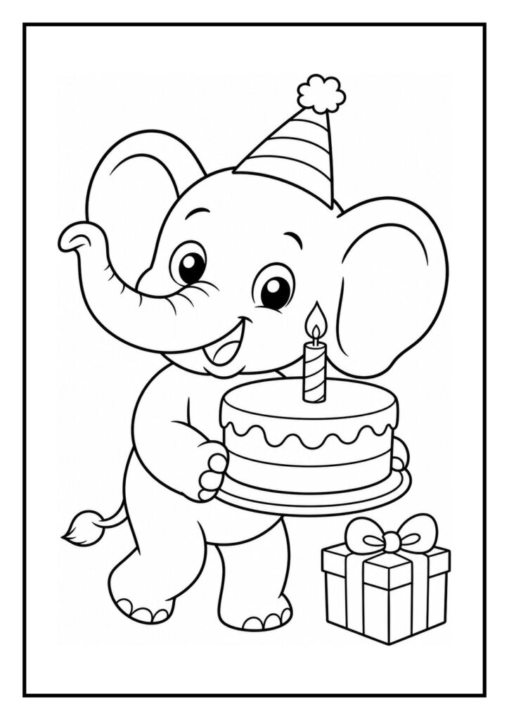 Schattige kleurplaat van een olifantje met een feestmuts dat een verjaardagstaart en cadeau vasthoudt.