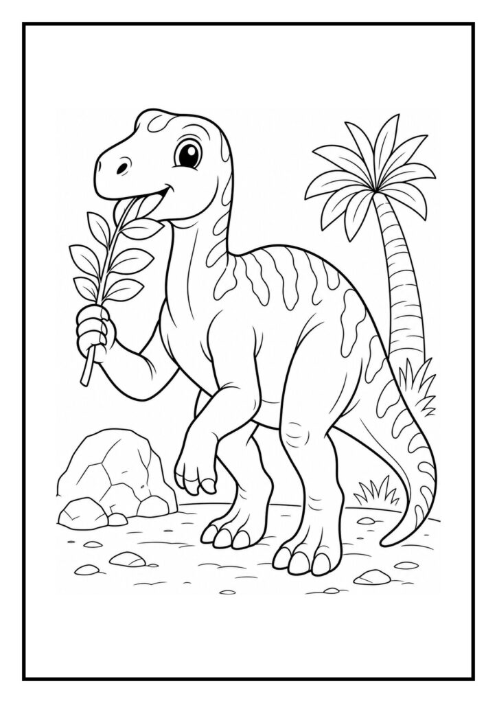 Iguanodon dinosaurus die regen van zijn rug schudt in een vrolijk, prehistorisch bos