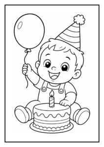Kleurplaat van een baby met een feesthoedje die een ballon vasthoudt naast een verjaardagstaart met één kaarsje