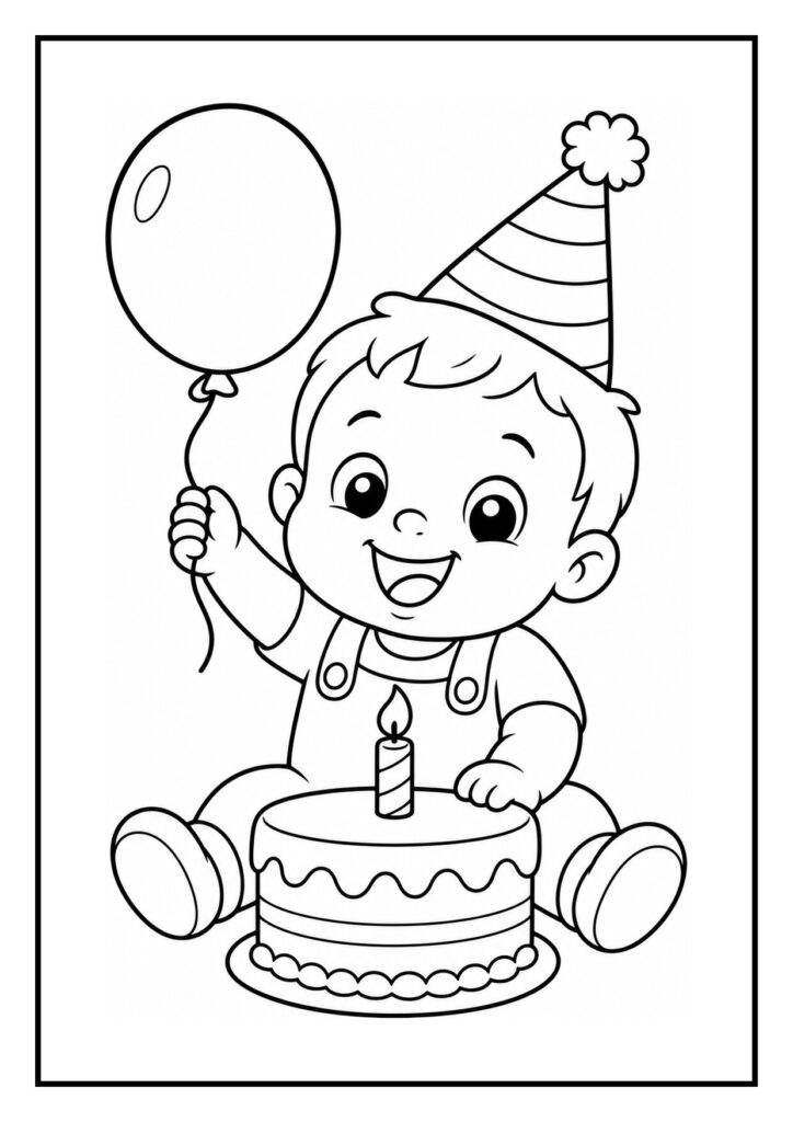 Kleurplaat van een baby met een feesthoedje die een ballon vasthoudt naast een verjaardagstaart met één kaarsje