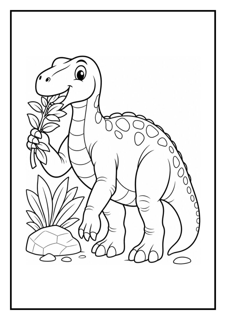 Vrolijke iguanodon dinosaurus die een grote steen van het pad duwt in een kleurplaat.
