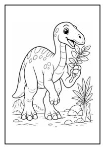 Kleurplaat van een schattige Iguanodon dinosaurus die vrolijk bladeren eet in een prehistorisch landschap.