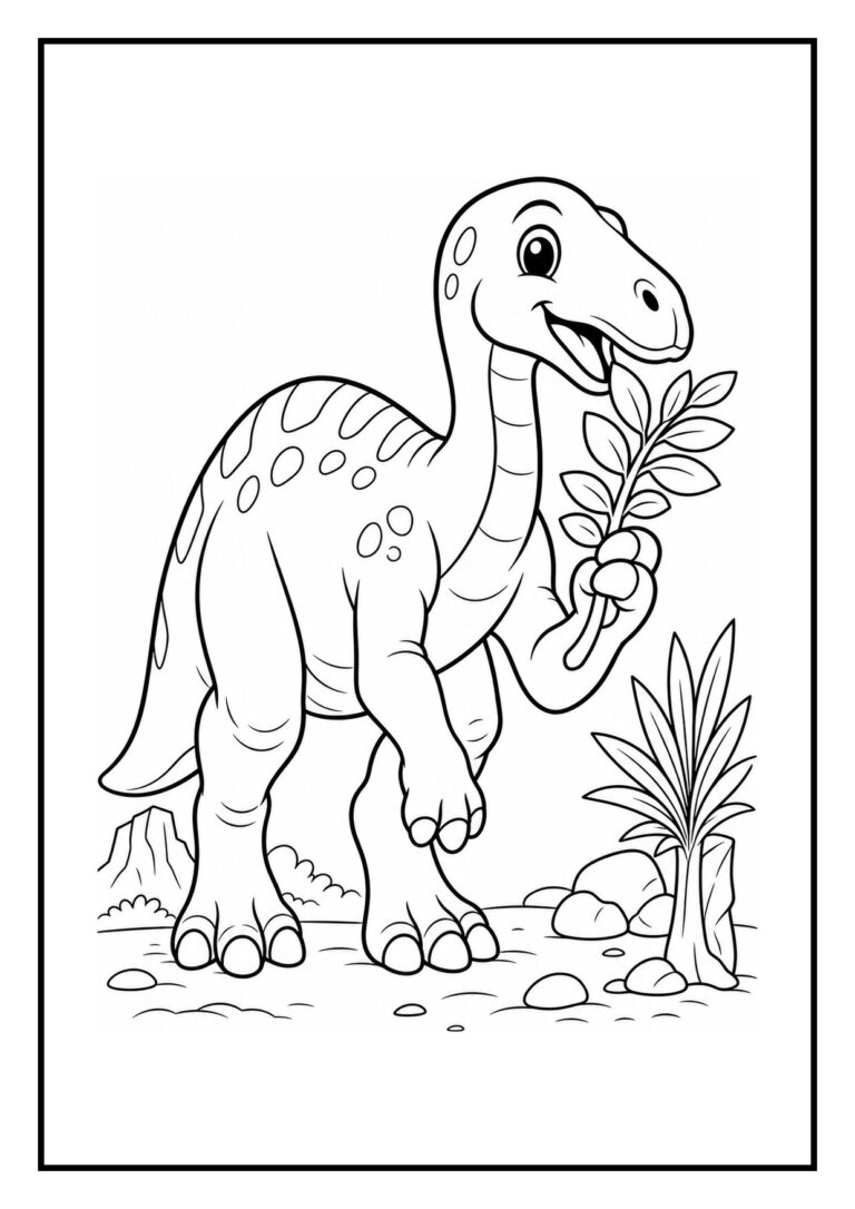 Kleurplaat van een schattige Iguanodon dinosaurus die vrolijk bladeren eet in een prehistorisch landschap.