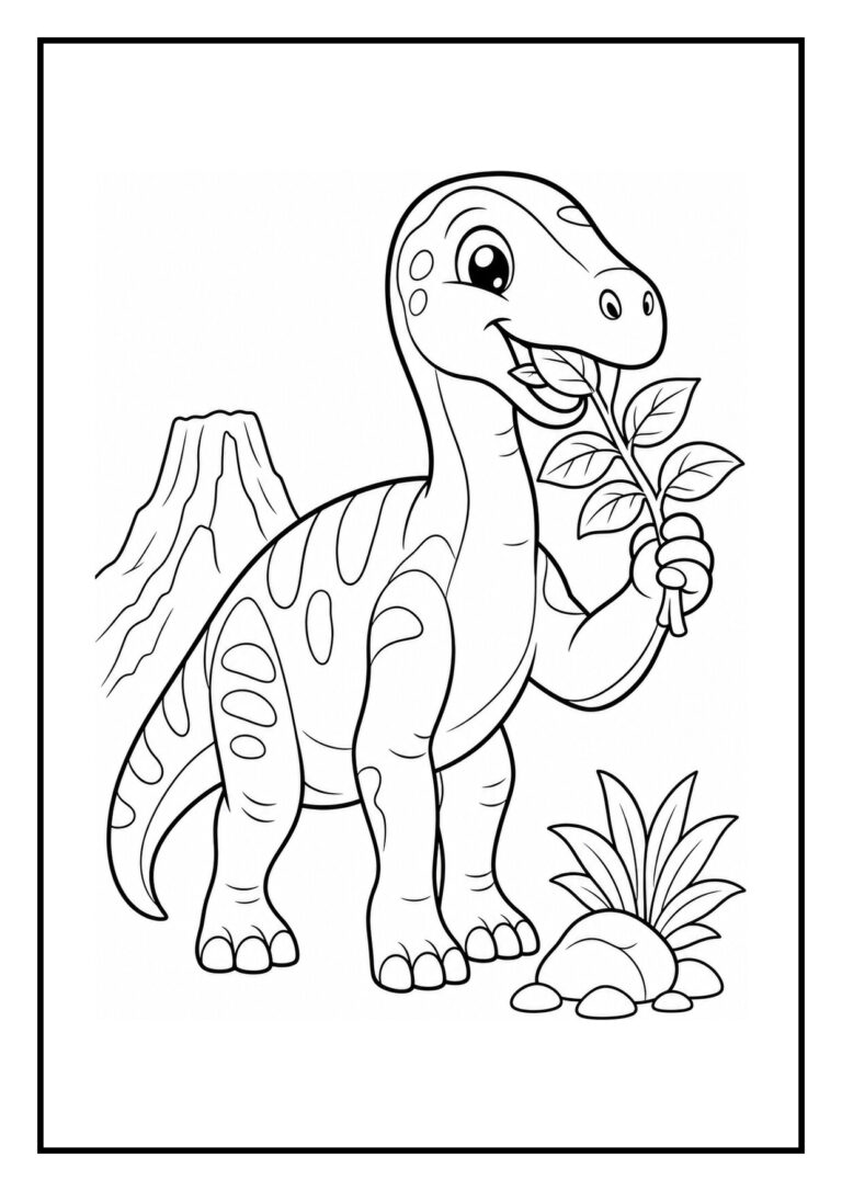 Kleurplaat van een Iguanodon die zijn gewicht balanceert op een smalle rotsrand in een prehistorisch landschap.