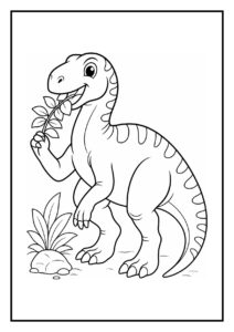 Kleurplaat van een vrolijke iguanodon die een takje vasthoudt en een bladervlinder laat schrikken