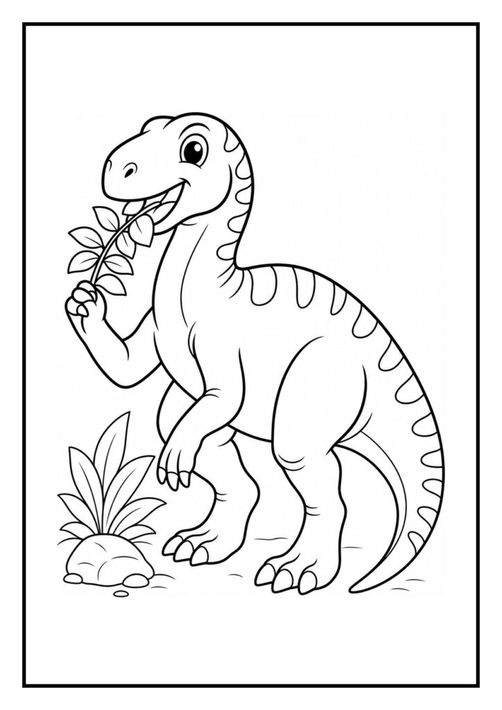 Kleurplaat van een vrolijke iguanodon die een takje vasthoudt en een bladervlinder laat schrikken