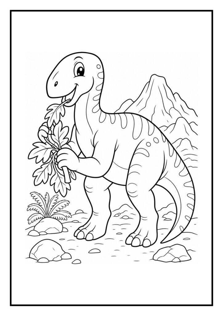 Iguanodon dinosaurus loopt vrolijk tussen hoge varens langs een veldenrand