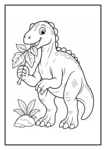 Iguanodon dinosaurus die een blad vasthoudt en zijn eten beschermt tegen een vallende tak