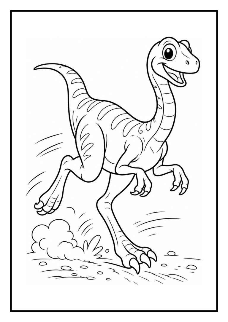 Vriendelijke Gallimimus dinosauruskleurplaat die vrolijk over een duinrand rent voor kinderen