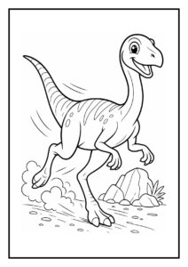 Kleurplaat van een vrolijke Gallimimus die over een omgevallen tak springt met een berg op de achtergrond