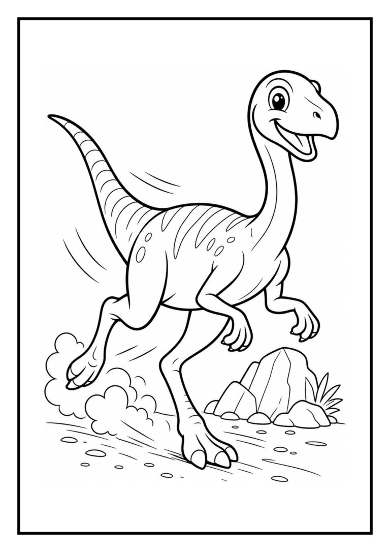 Kleurplaat van een vrolijke Gallimimus die over een omgevallen tak springt met een berg op de achtergrond