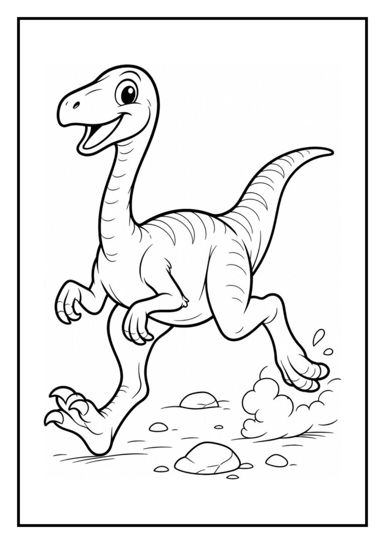 Leuke kleurplaat van een vrolijke Gallimimus die rent over rotsachtig terrein om te ontsnappen aan een zandwolk.