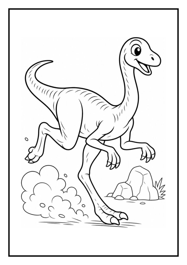 Leuke kleurplaat met een vrolijke velociraptor die zich richt op vallende veren en actief lijkt te rennen
