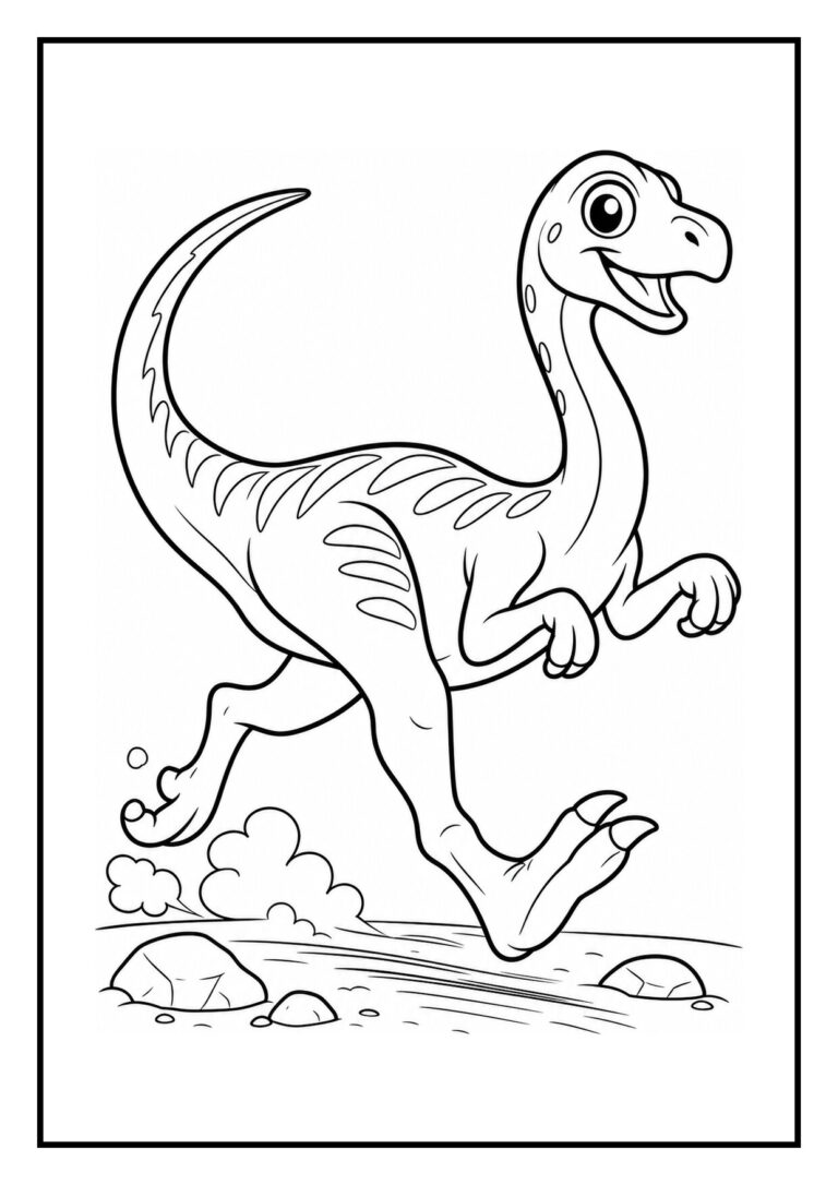 Leuke kleurplaat van een vrolijke Gallimimus dinosaurus die rennend een smal riviertje oversteekt met grote ogen en een brede lach.