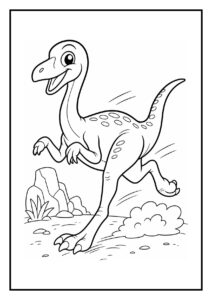 Kleurplaat van Gallimimus, een vrolijke dinosaurus die snel een bocht maakt in een prehistorisch landschap