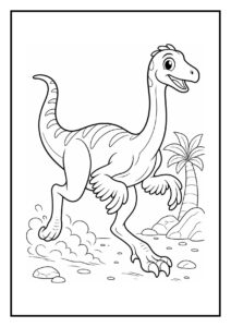 Vrolijke Gallimimus die met zijn snuit een vallend fruitje in een prehistorisch landschap tikt