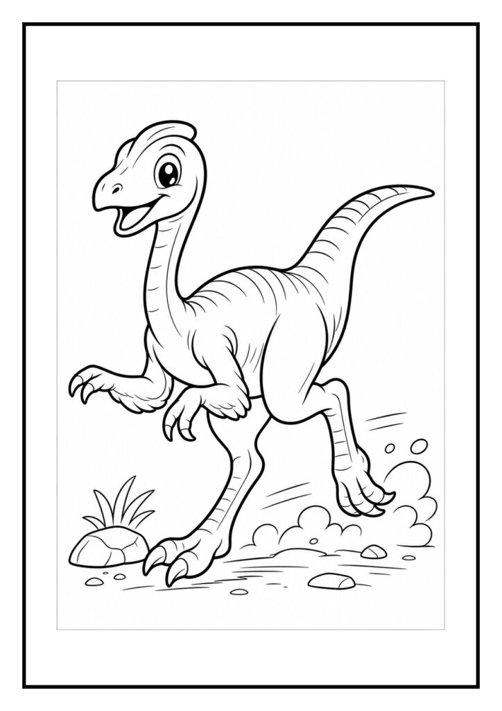 Schattige kleurplaat van een vrolijke velociraptor die rent in een prehistorisch landschap