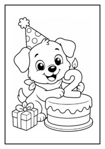 Kleurplaat van een schattige puppy met een feestmuts die een verjaardagstaart met een kaars in de vorm van het cijfer 2 vasthoudt, naast een cadeau.
