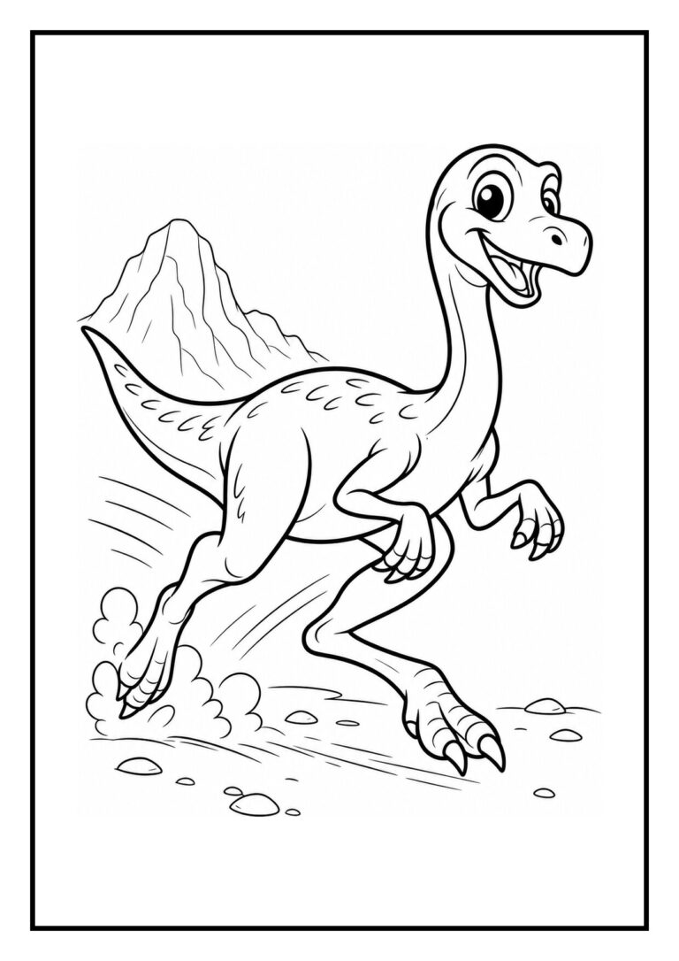 Gallimimus dinosaurus die vrolijk weg rent door hoog gras kleurplaat