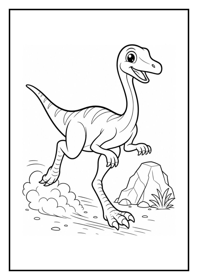 Vrolijke velociraptor die rent over een stoffige prehistorische vlakte kleurplaat