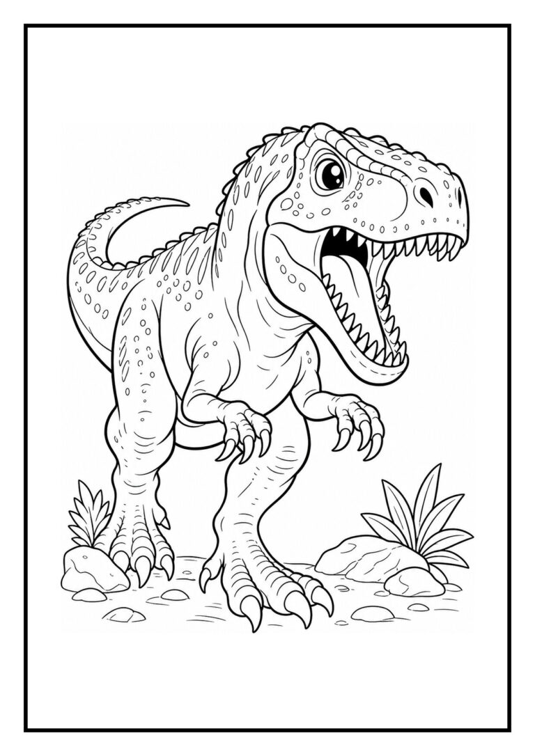 Speelse T-Rex kleurplaat van een dinosaurus die door een rotsboog breekt, geschikt voor kleuters.