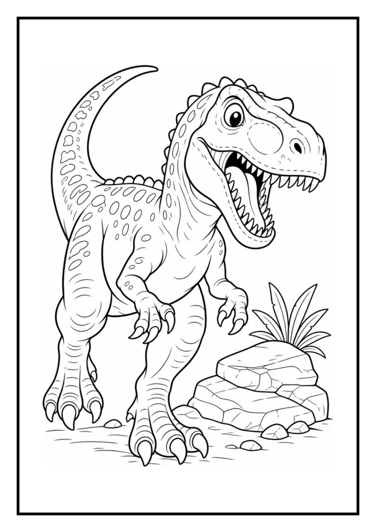 Kleurplaat van een speelse T-Rex dinosaurus die op jacht is langs een rivier met rotsen en planten
