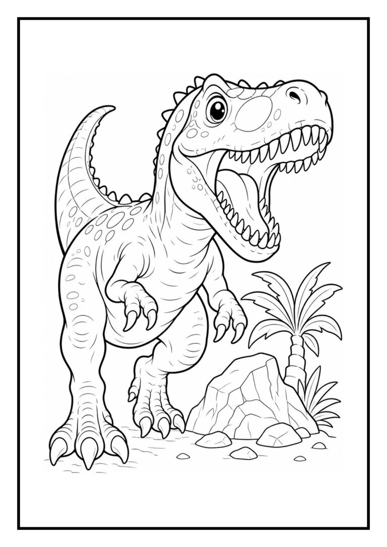 Vrolijke T-Rex die op een rots klimt met planten op de achtergrond in een eenvoudige kleurplaat.