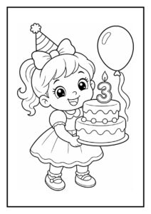 Kleurplaat van een meisje met een verjaardagstaart en een ballon om haar derde verjaardag te vieren