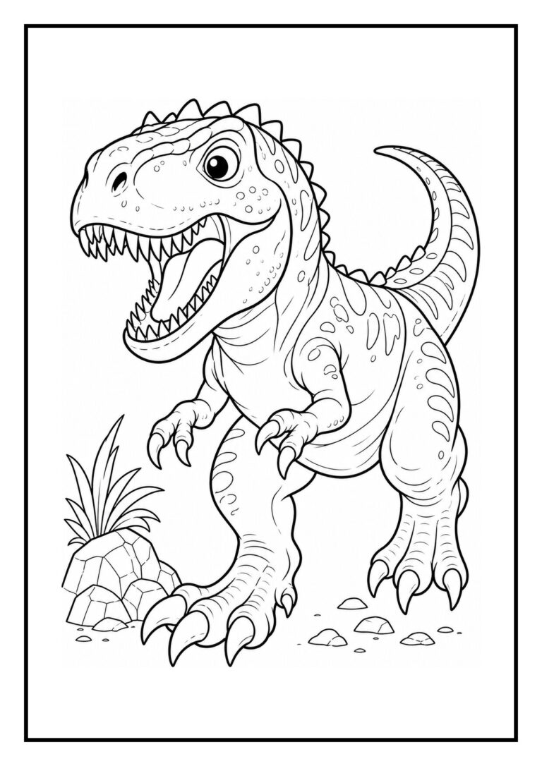 Kleurplaat van een Carcharodontosaurus die een zwerm vliegende reptielen verjaagt