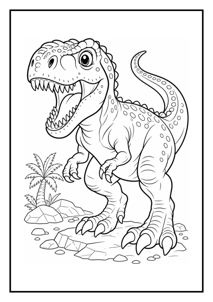 Leuke kleurplaat van een vrolijke T-Rex die een omgevallen boom wegduwt tussen stenen en een palmboom