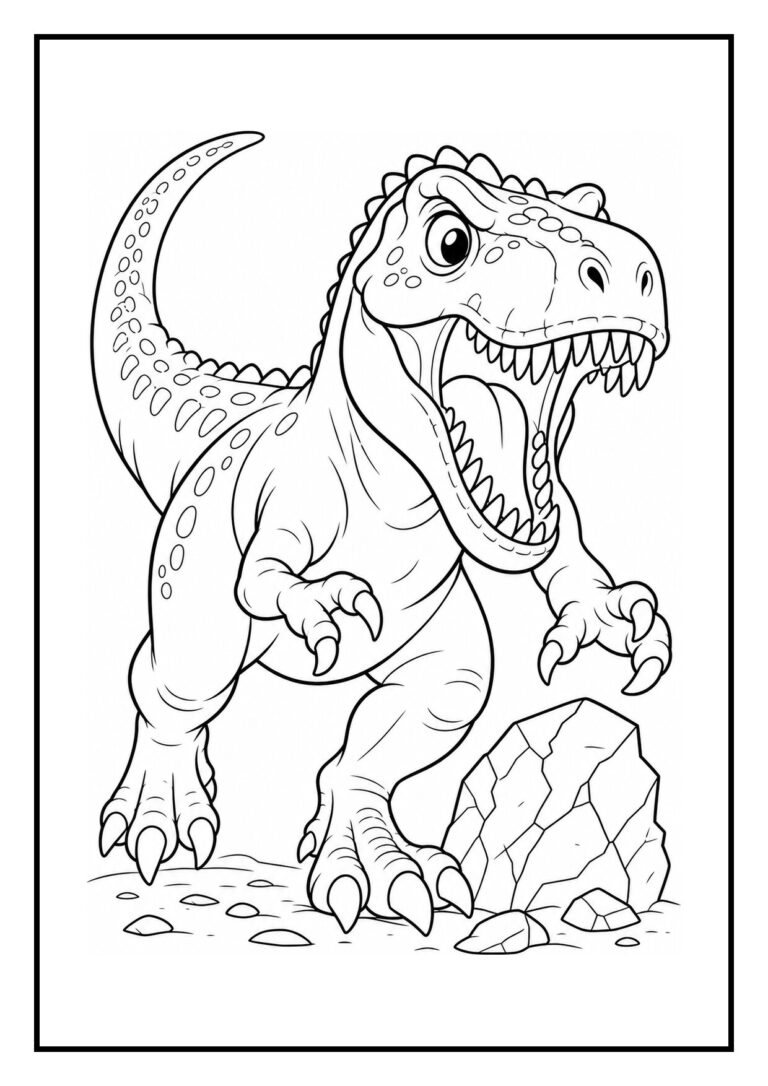 Kleurplaat van een boze T-Rex met open mond en klauwen die bijt in een grote vleesboom naast een rots