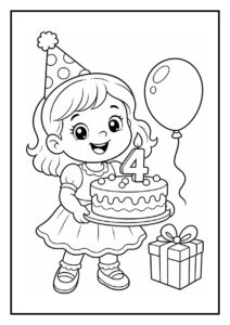 Kleurplaat van een meisje met een feesthoedje die een verjaardagstaart vasthoudt, met een ballon en cadeau naast haar.