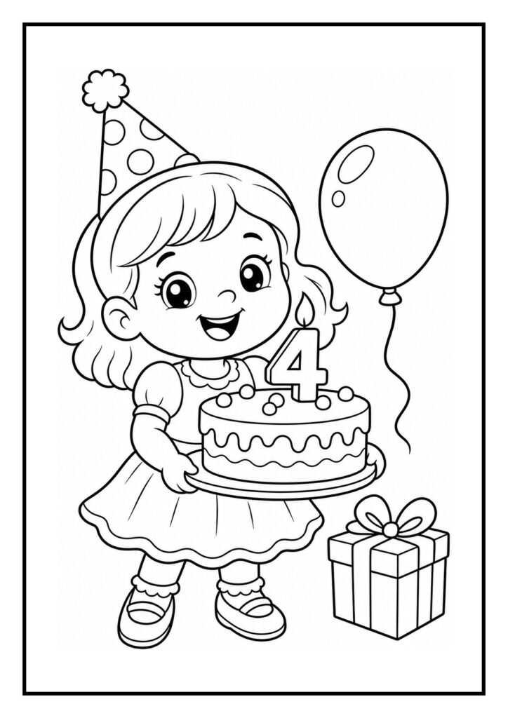 Kleurplaat van een meisje met een feesthoedje die een verjaardagstaart vasthoudt, met een ballon en cadeau naast haar.