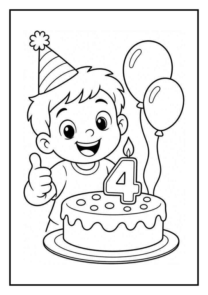 Kleurplaat van een vrolijk jongetje met feesthoedje achter een verjaardagstaart met een kaars in de vorm van het cijfer vier en ballonnen in zijn handen.