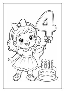 Kleurplaat van een schattig meisje met een ballon in de vorm van het cijfer 4 en een verjaardagstaart met vier kaarsjes.