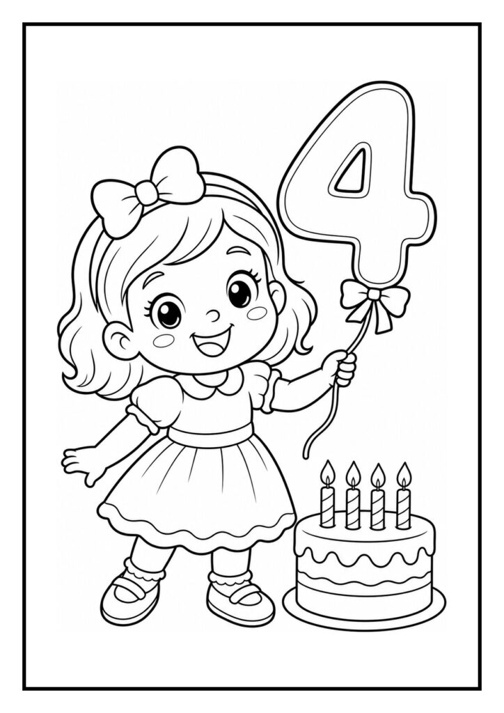 Kleurplaat van een schattig meisje met een ballon in de vorm van het cijfer 4 en een verjaardagstaart met vier kaarsjes.